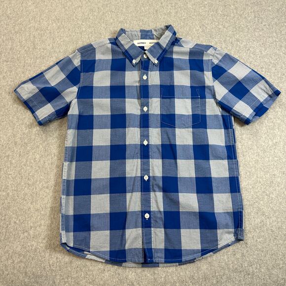 Old Navy Shirt Boys XL(14-16) Blue Plaid Button Down Built In Flex Short Sleeves - Picture 1 of 4